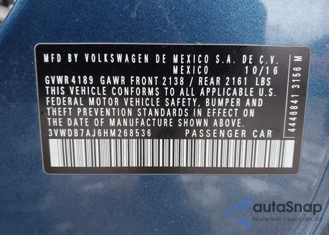 2017 Volkswagen Jetta 1.4T Se from USA, damaged, VIN 3VWDB7AJ6HM268536
